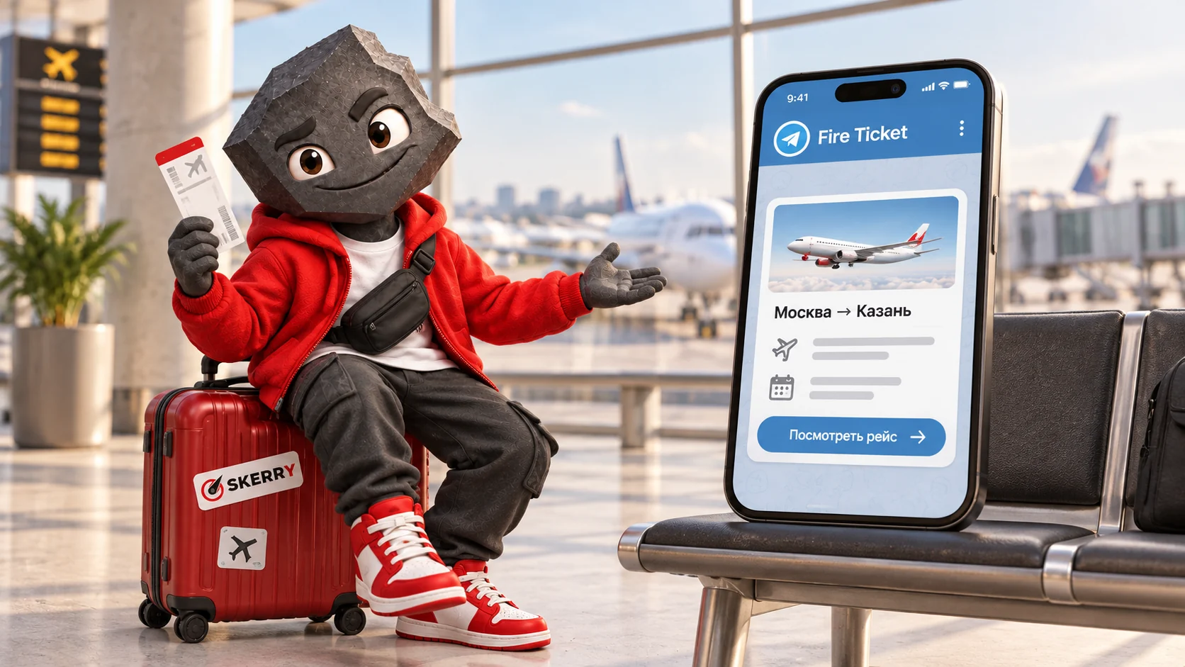 Постановочная визуализация Fire Ticket: Скерр в аэропорту и телефон с предложением авиаперелёта