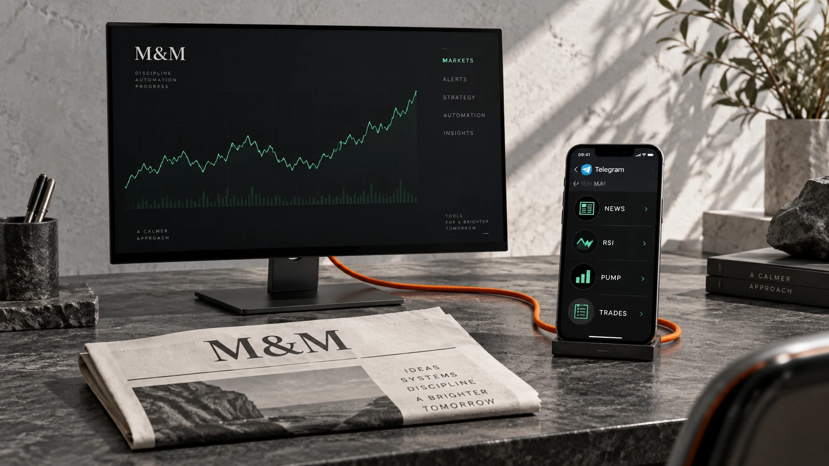 Постановочная визуализация M&M: рабочее место с графиком и Telegram-лентой рыночных событий